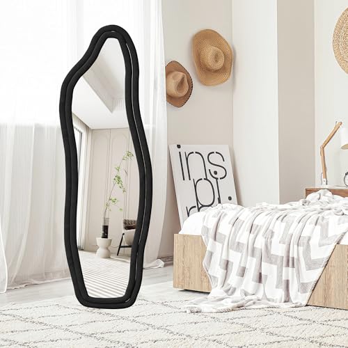 Specchio a Parete Lungo 140 x 45 cm, Specchi a Terra con Cornice in Lega di Alluminio, Grande Specchio Asimmetrico Moderno a Nuvola per Camera da Letto, Bagno e Soggiorno, Nero