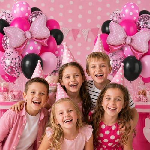 Image of Pink and Black Balloons with 2Pcs Pink Bow Balloons | 50 Pcs 12 Inch Hot Pink Black Balloons Set with Confetti Balloons for Girl Birthday Bachelorette Party Wedding Decorations