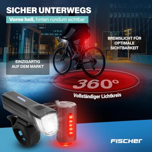 FISCHER Fahrrad-Beleuchtungsset 30/15 Lux, Akku-Leuchtenset TWIN, Front- und 360° Rückleuchte, mit...
