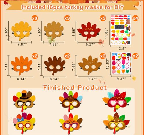 16PCS Thanksgiving Crafts in Bulk: Felt Turkey Masks DIY Arts Kit, Fall Party Favors Classroom Activities Supplies - Image 5