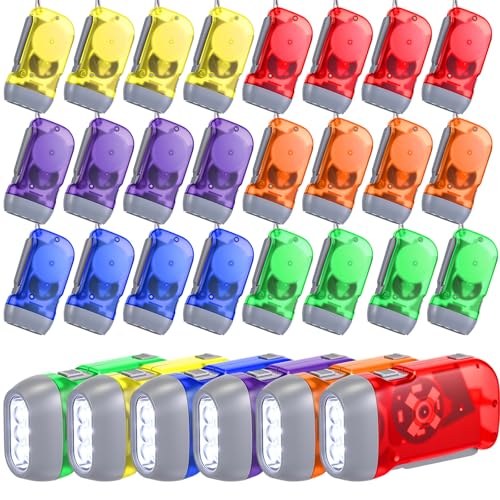 Image of Mudder 24 Pack Hand Crank Flashlight No Battery Emergency Flashlight, Self Powered Portable Light Dynamo Torch for Survival Kit Outdoor Hiking Emergency(Red, Blue, Purple, Orange, Yellow, Green)