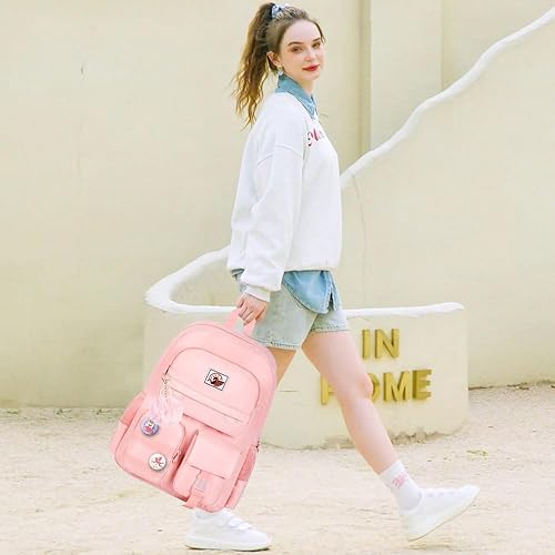 Miniatura 7 de Mochila para laptop para niñas, mochila escolar universitaria, 15.6 pulgadas, bonita mochila antirrobo resistente al agua para adolescentes, Rosa