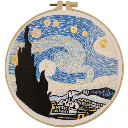 Image of Esffaci Embroidery Starter Kit for Adults Beginners with Van Gogh Starry Night Pattern Stamped Cross Stitch Set with Embroidery Cloth Hoop Needles Threader Colorful Floss and Instruction