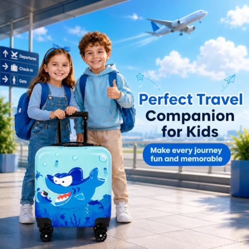 Image of Kids Carry On Luggage with Wheels, 18-inch Hard Shell Suitcase for Boys & Girls, Lightweight Toddler Rolling Travel Bag with Retractable Handle, Durable Hardside Spinner Suitcase,blue shark