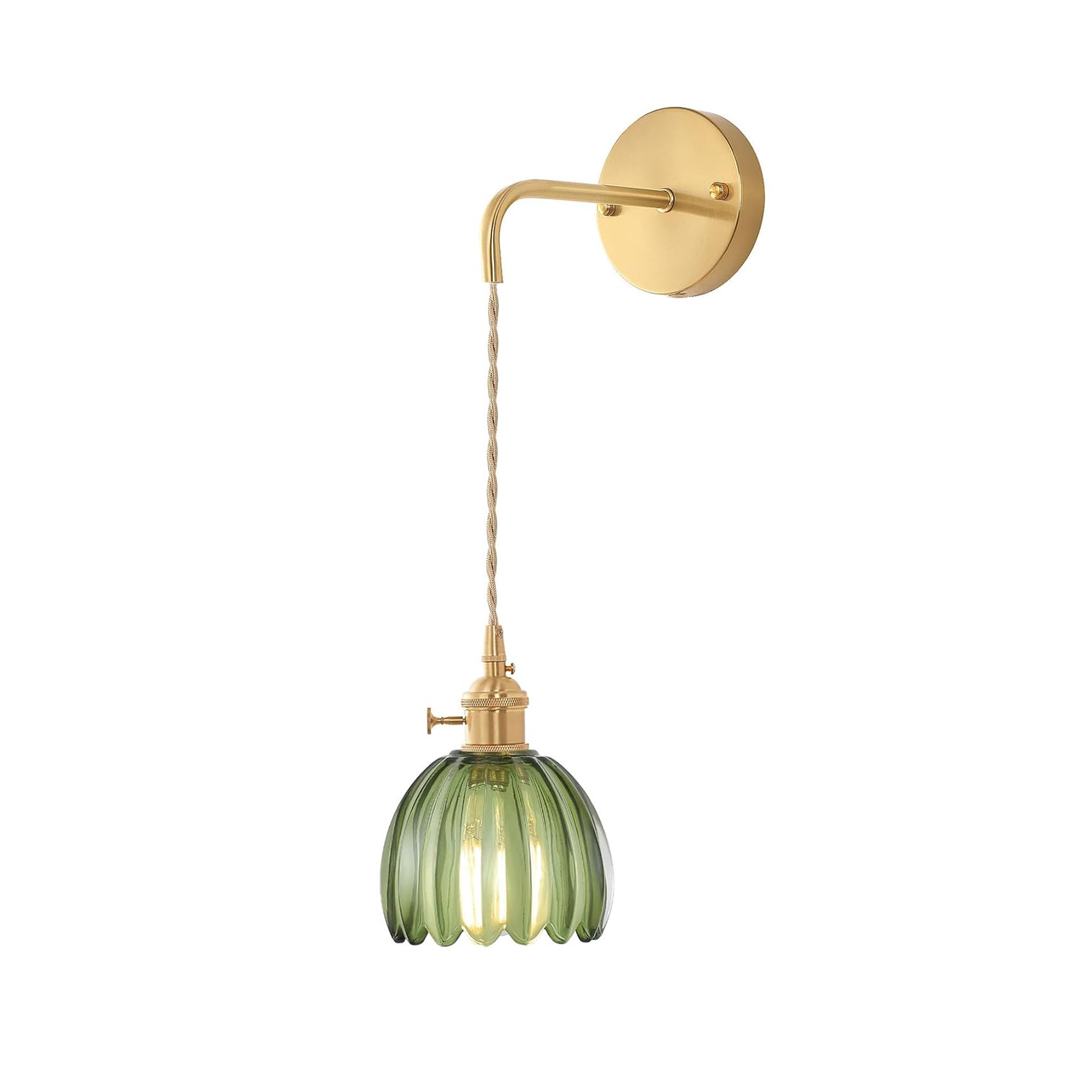 Aplique de pared vintage con pantalla de vidrio acanalado transparente, lámpara dorada con casquillo E27 e interruptor giratorio para dormitorio o sala (Verde, 1 unidad)