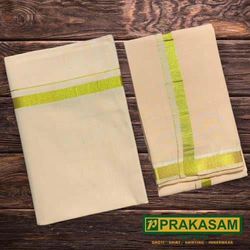 Image of PRAKASAM COTTON Mens Colour Jari Cotton dhoti and Angavastram Set (1.30X2.00 Meter Dhoti, 36X1.80 towel)
