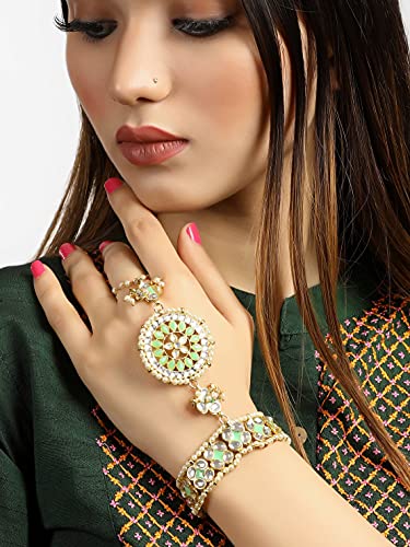 Image of Karatcart Gold Plated Baby Pink Pearl Chain Kundan Hathphool