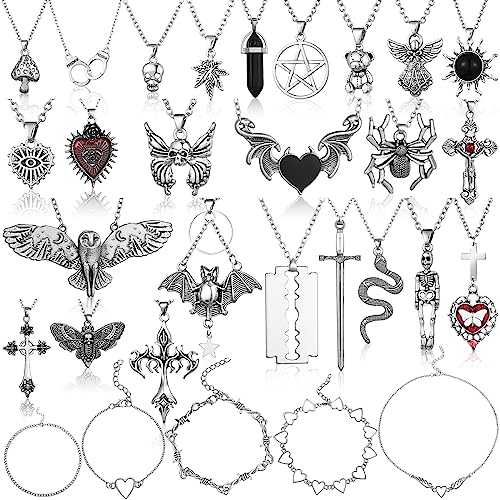 Bonuci 30 Pieces Grunge Necklace Set Goth Cross Necklace Y2K Necklet Punk Rock Vintage Harajuku Gothic Feather Chain Choker Necklet Jewelry Costume Accessories(Stylish Style)