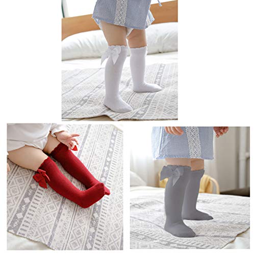 AWOCAN 5Pc/Set Baby Knee High Sock Bow Ruffled Stockings Uniform Infants Toddler Sock Tights Baby (XL)