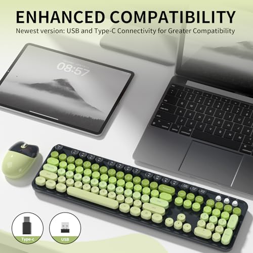 Image of Wireless Keyboard and Mouse, MOFII 104 Round Keycaps Retro Typewriter with OTG & Brush, Full-Size Ergonomic, Ideal for Windows PC, Home, Office and College Gray Green