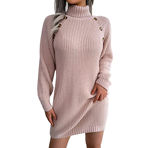 Robe courte en tricot kaki à col roulé et manches bouffantes pour femme