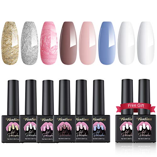 VANTICA 8 Pcs Gel Nail Polish Set - 6 Colors Soak Off LED Lamp Gel Polish Set Nude & Glitter Color with No Wipe Base and Glossy Top Coat for Nail Art