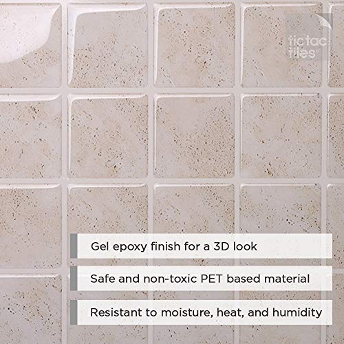 Tic Tac Tiles 10-Sheet Peel and Stick Self Adhesive Removable Stick On Kitchen Backsplash Bathroom 3D Wall Sticker Wallpaper Tiles in Marmo Travertine