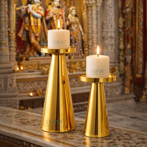 Image of ππππ πππππππππππππ | Metal Pillar Candle Holder Set of 2 | Table Centerpieces Coffee Tables | Candles Stand for Christmas Home Decor Gift | Wedding Gift (Shiny Gold- Set of 2 Pcs)