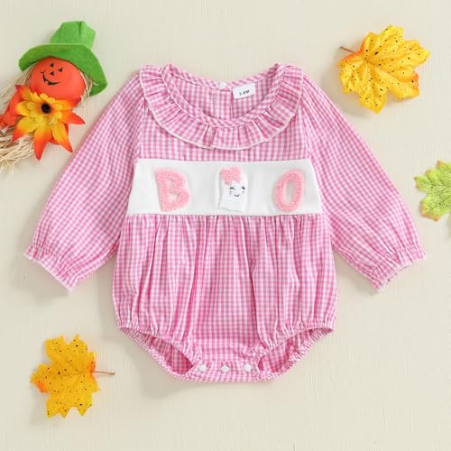 Rtnnsbbfcm Newborn Baby Girl Halloween Outfit Pumpkin Embroidery Long Sleeve Floral Print Smocked Bubble Romper2