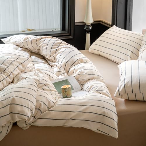Image of Striped Comforter Set Queen Size Grey Stripes Pattern Printed Comforter 3 Pieces Lightweight Boho Bedding Comforter Set for All Seasons Breathable Soft Fluffy Beige Comforter with 2 Pillowcases