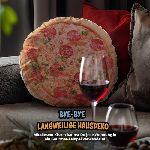 United Labels Pizza Kissen rund, Kopfkissen 40 cm, Sofakissen in Pizzakarton, Dekokissen, lustiges Geschenk für Kinder und Erwachsene