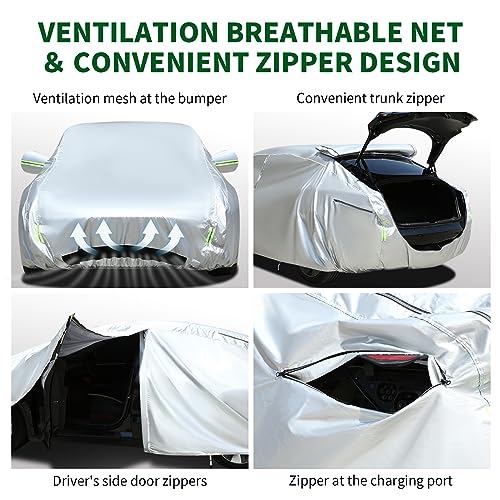 Image of TECOOM Car Cover Fit for Tesla Model 3 - Waterproof All Weather, 2017-2023 Model 3 Cover with Fleece Lining, Ventilated Mesh, Charge Port Opening, Zipper Door, Trunk Opening