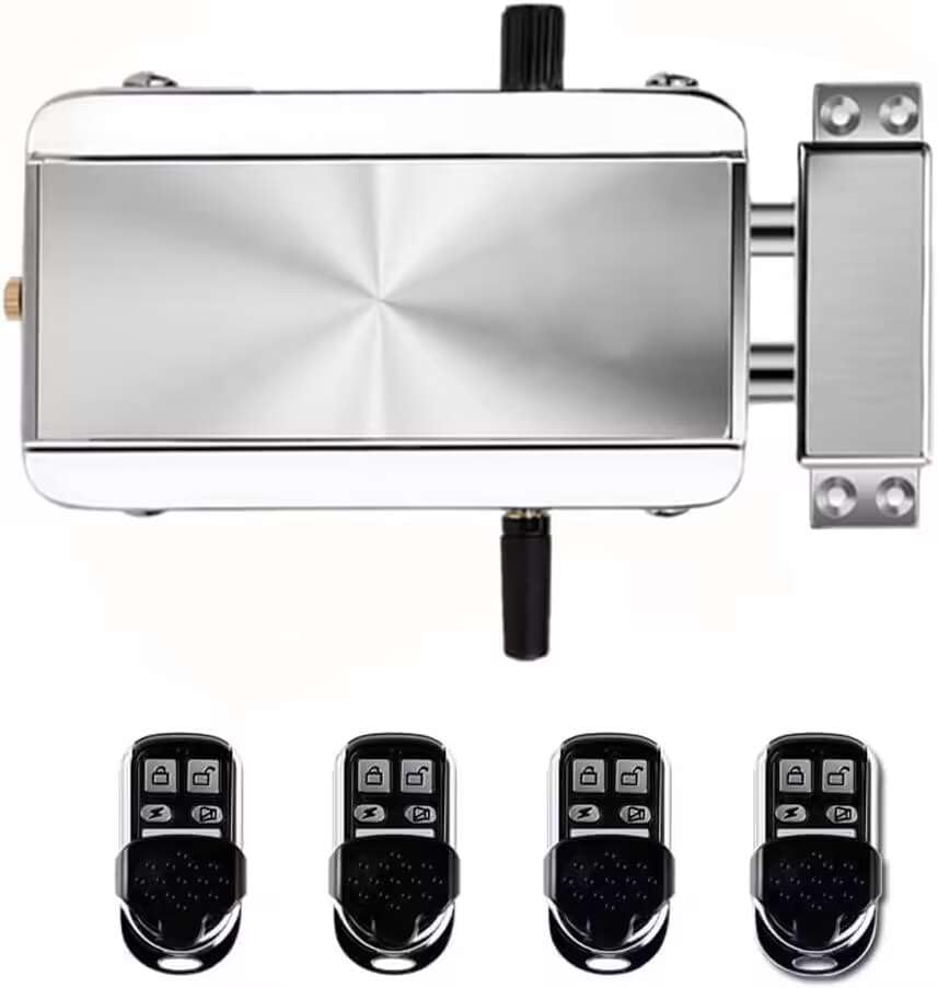 Keyless entry electronic lock with four remote controls, showcasing modern smart home security technology.