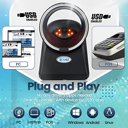 OBZ 1D QR 2D Desktop Barcode Scanner, QR Code Scanner USB Handsfree Barcode-Scanner Automatischer Bildsensierung Barcodescanner für POS PC Supermarkt Bibliothek Laden