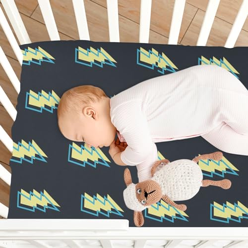 Image of Lightning Bolt Black Fitted Crib Sheets Stretchy Portable Playard Sheets for Baby Toddler, Breathable Soft Mini Crib Mattress 52 x 28 in for Boys and Girls