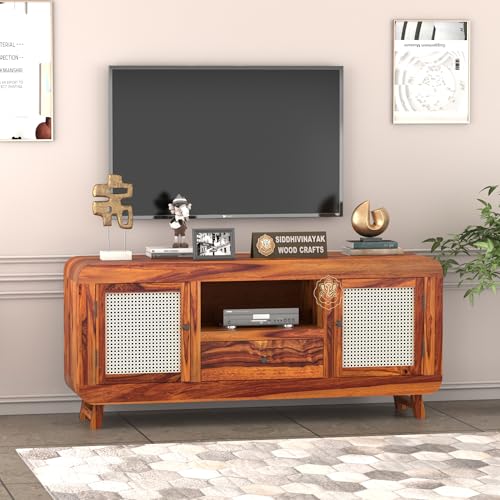 Image of Siddhivinayak Sheesham Wood TV Unit for Living Room | Solid Wooden TV Stand Cabinet with Storage Drawer, Cane Doors & Shelf | Entertainment Media Console Table | Honey Finish | 56.7 Inch