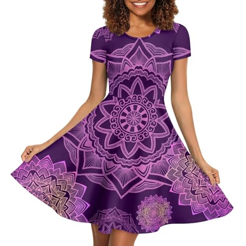 Image of HUGS IDEA Womens Puffy Swing Midi Dress Round Neck Short Sleeve Party A-Line Dresses