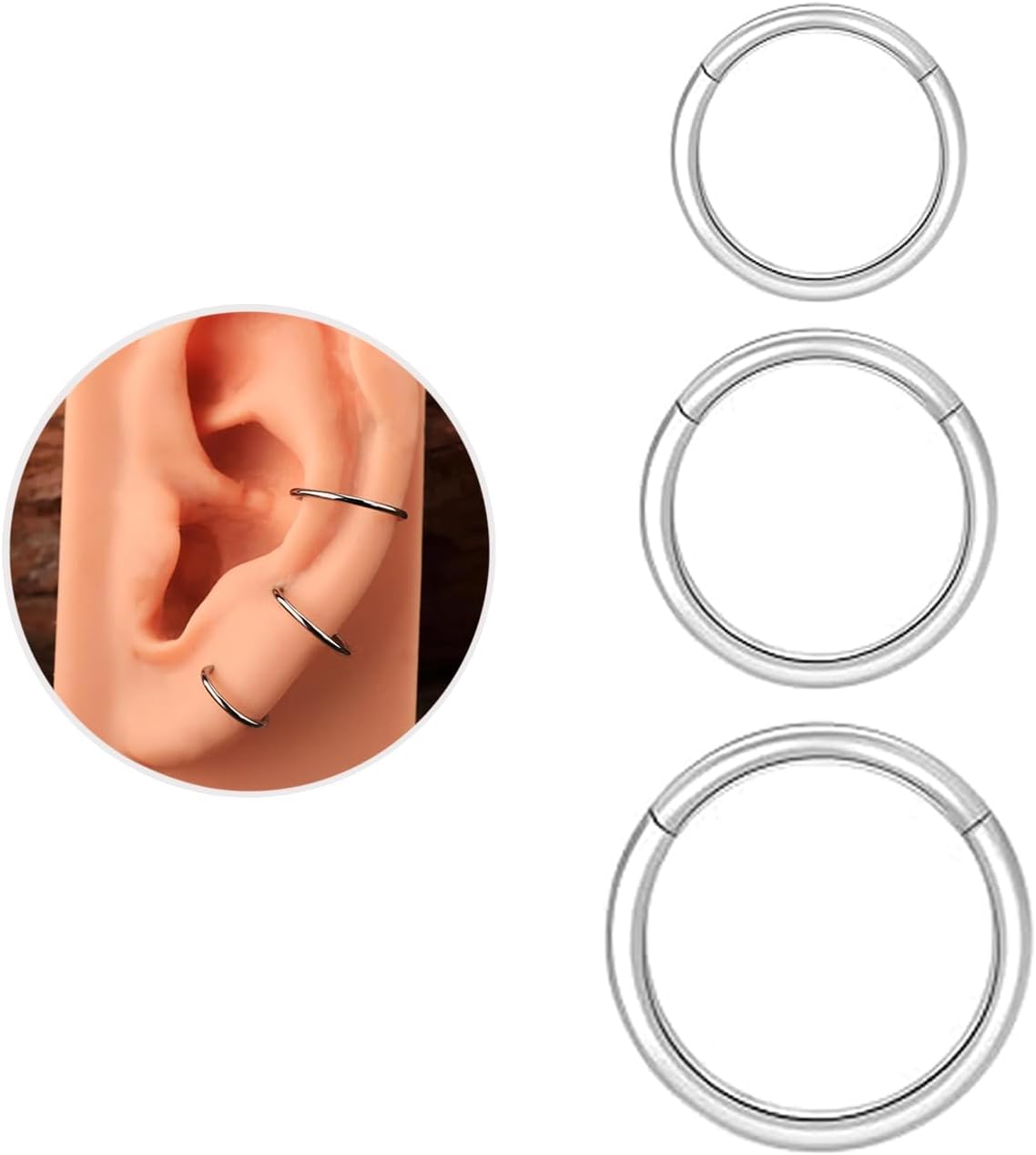3PCS Hinged Nose Hoops Rings 20G 18G 16G 316L Surgical Steel, Clicker Hoop for Septum Daith Helix Tragus Conch Earrings Piercing Jewelry, 6mm-12mm