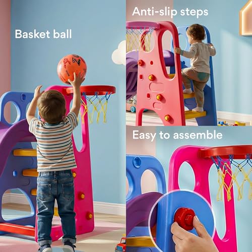 Image of Baybee 3 in 1 Baby Slides for Kids | Perfect Garden Sliding Toy with Basketball Set & Anti Slip Steps | Baby Play Area Indoor Mini Playground Setup | Outdoor Slider for Kids 2 to 5 Years Boys Girls