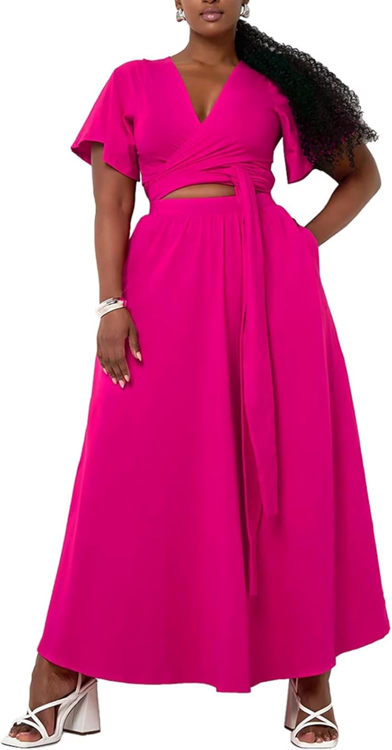 Womens Sexy Plus Size 2 Piece Dress Outfits Bandage Wrap Crop Top Maxi Skirts Set - Image 2