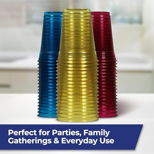 Image of Hefty Party Perfect Tinted Disposable Plastic Cups, Red, Blue, and Yellow Plastic Cups, Perfect Party Cups for Easy Cleanup and Large Gatherings, 18 Ounce, 54 Count