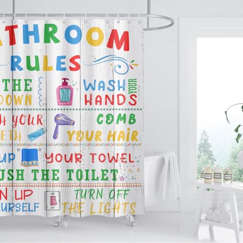 Image of Kids Bathroom Rules Shower Curtain Cute Colorful Quotes Wood Planks Words Funny Teen Boy Girl Restroom Bathtub Decor Waterproof Cloth Fabric 72Lx72W inch with 12PCS Hooks
