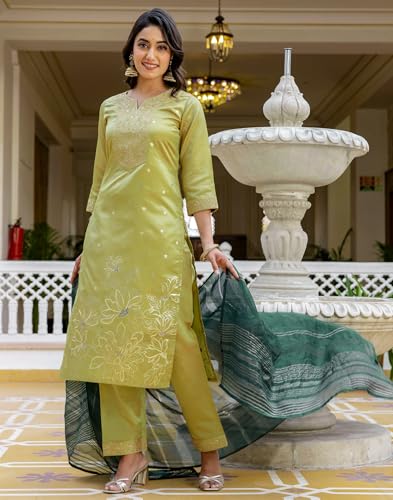 Image of SIRIL Women's Taffeta Jacquard and Embroidery Work Straight Kurta Pant with Dupatta Set