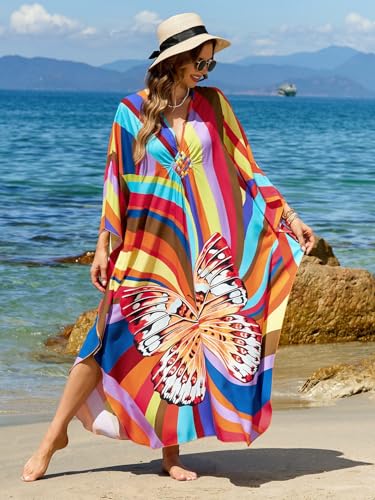 Image of IMAGEKOPE Women's Plus Size Animal Print V-Neck Batwing Kaftan Beach Dress Bathing Suit Cover-Up Loungewear