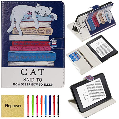 All-New Kindle Paperwhite Case, Elepower Slim Lightweight PU Leather Flip Folio Stand Wallet Cover for Amazon Paperwhite E-Reader(Fit All 2012 2013 2015 2016 Version & 10th Gen 2018) Sleep Cat