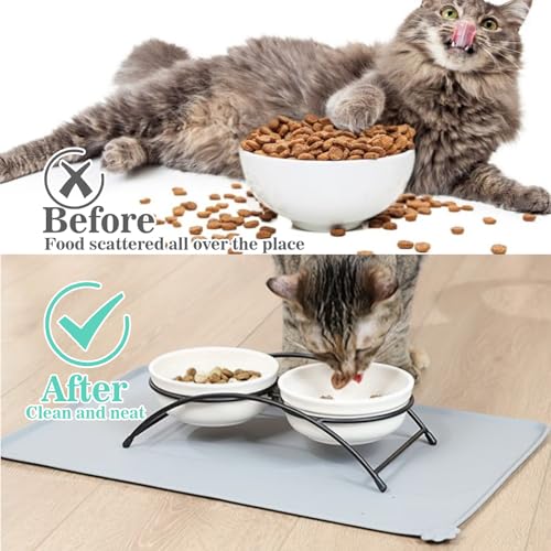 Domkan 2 Napfunterlage für Katzen und Hund, 48x30cm Hundenapf Unterlage, Silikon Rutschfeste Futtermatte, Wasserdichte Napfunterlage Mit Rand, Schwarz und Grau