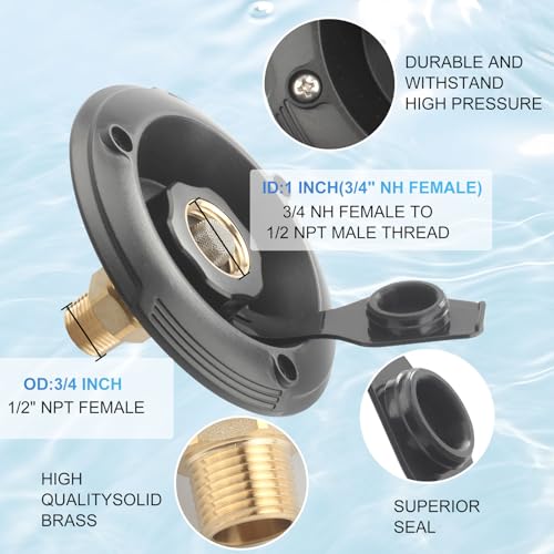 Image of RV City Water Inlet Replacement with Check Valve - 3 /4 inch NH Female to 1 /2 inch NPT Male Black Flange - City Water Connection Fill Dish for Camper, Trailer, Marine & Motorhome Plumbing