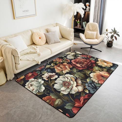 Homewish Vinatge - Alfombra de peonía, 100 x 150 cm, diseño retro de flores, pétalos de jardín, pastoral, alfombra para interiores, alfombra decorativa lavable, color rojo, blanco y naranja
