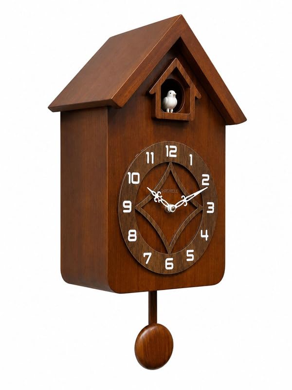 Image of CHRONIKLE Modern Stylish Non Ticking Silent Analog Hut Shape Wooden Cuckoo Wall Clock for Home, Living Room, Bedroom and Kitchen Brown (18 x 10 Inch : Weight - 2350 Grm)