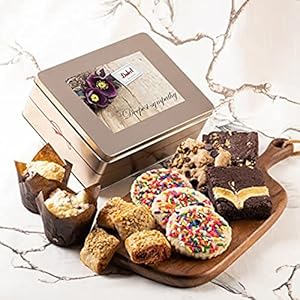 Dulcet Gift Baskets Classic Sympathy Fresh Baked Cookie & Brownie Gift Tin- Perfect Sympathy Gift Card for Men, Women, Mom, Dad -Friends Family, Son-Daughter, Sister-Brother or Co-worker.
