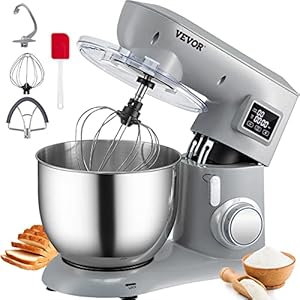 VEVOR Stand Mixer, 450W Electric Dough Mixer with 6 Speeds LCD Screen Timing, Tilt-Head Food Mixer with 7.4Qt Stainless Steel Bowl, Dough Hook, Flat Beater, Whisk, Scraper, Splash-Proof Cover – Metal