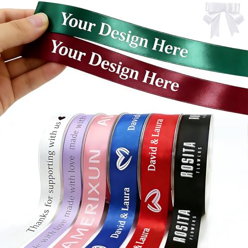 Personalized Satin Ribbon Customized Ribbon with Names Date Text Logo for Gift Wrapping Wedding Favors Business Branding Party Decor Multiple Colors and Sizes 10/50/100 Yards