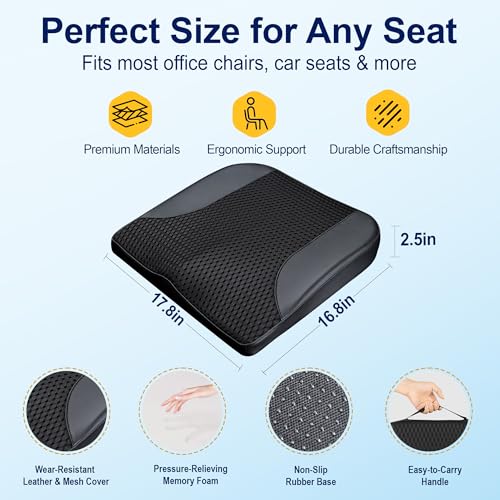 Image of kingphenix Car Seat Cushion - Memory Foam Pad for Driving Comfort - Boosts Height and Relieves Coccyx & Lower Back Pain - Car, Truck, Office Chair (Leather & 4D Mesh Black)