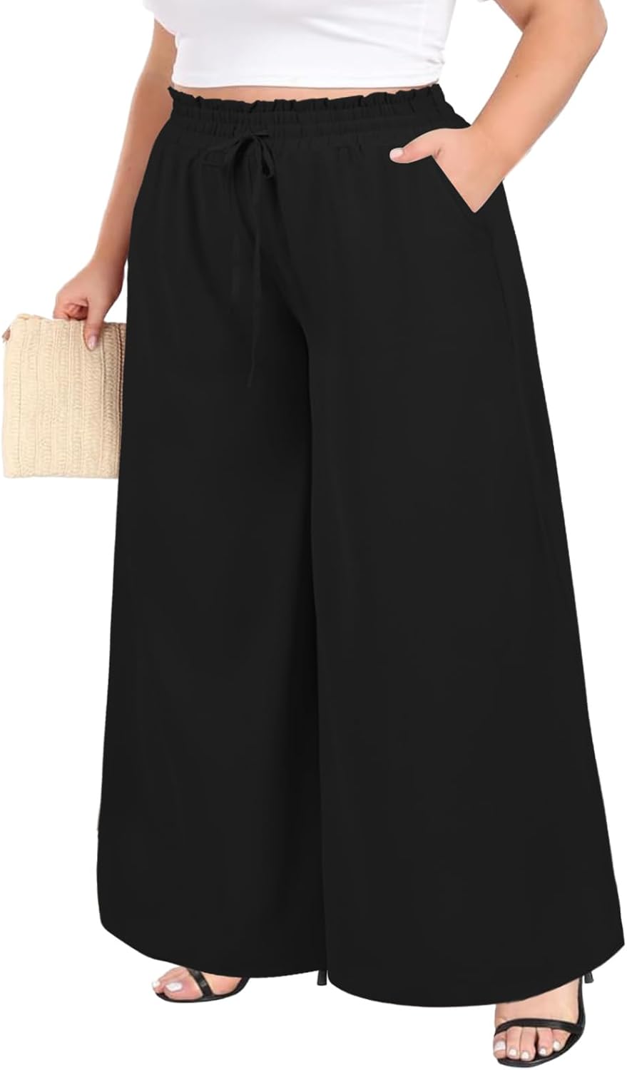 Plus Size Wide Leg Pants Woman Printed Flowy Pants with Pockets Casual Summer Pants Floral Beach Trousers