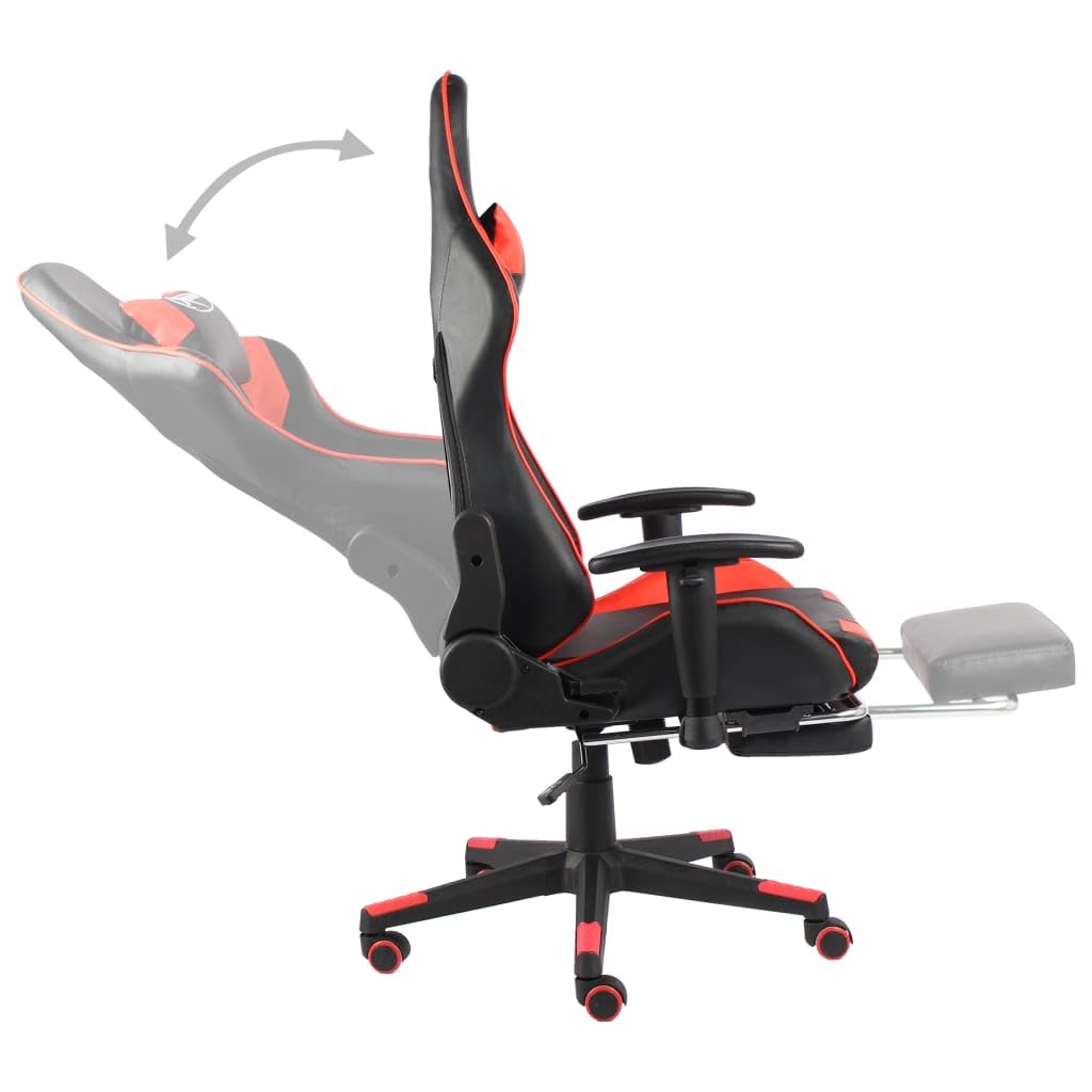 Höhenverstellbarer Gaming-Stuhl mit Fußstütze, Drehbar Rot PVC, hohe Rückenlehne mit 2 Kissen für Kopf und Taille, ergonomisch gepolsterter Sitz, verstellbare Rückenlehne