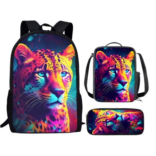 PinUp Angel Orange Yellow Leopard Cheetah Backpack For Kids School Bag With Lunch Bag and Pencil Bag, Cool Magical Animal Bag For Children Boys and Girls Bookbag