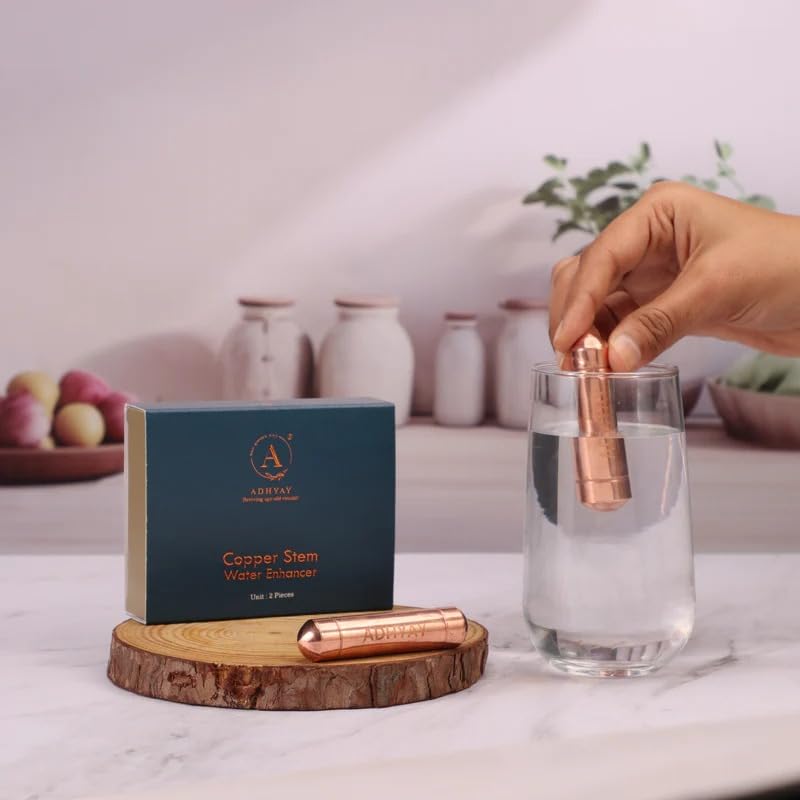 Image of ADHYAY Copper Stem Water Enhancer - 99.9% Pure Unpolished Copper Stick, Lab-Tested Food-Grade | Ayurvedic Tamra Jal Charger for Glass, Bottle, Jug & Mitti Ka Matka | Portable Reusable, 2 Pc