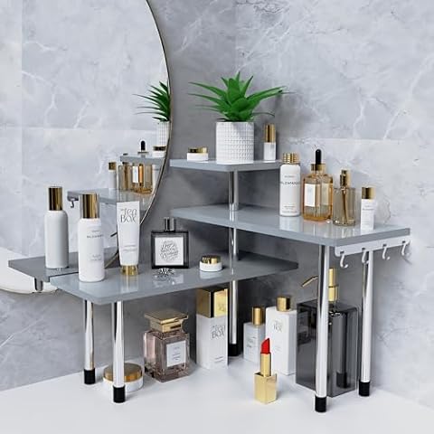 Ollieroo Kitchen Counter Shelf Organizer, 3 Tier Corner Shelf Bamboo Bathroom Countertop Organizer with Hooks, Space Saving Makeup Organizer Spice Rack Corner Plant Shelf Cover