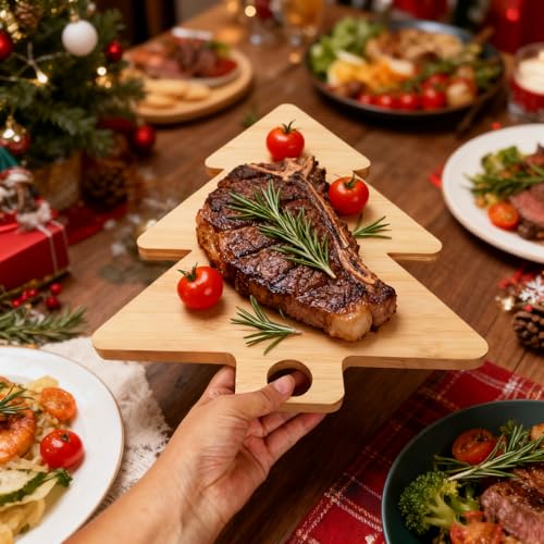 2 pcs tabla de cortar con forma de árbol de Navidad de bambú miniatura 6