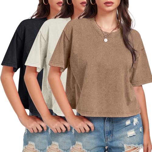 Womens Cropped Tops Short Sleeve T-Shirt Acid Wash Cotton Tee Vintage Round Neck Basic Tees Casual Shirts